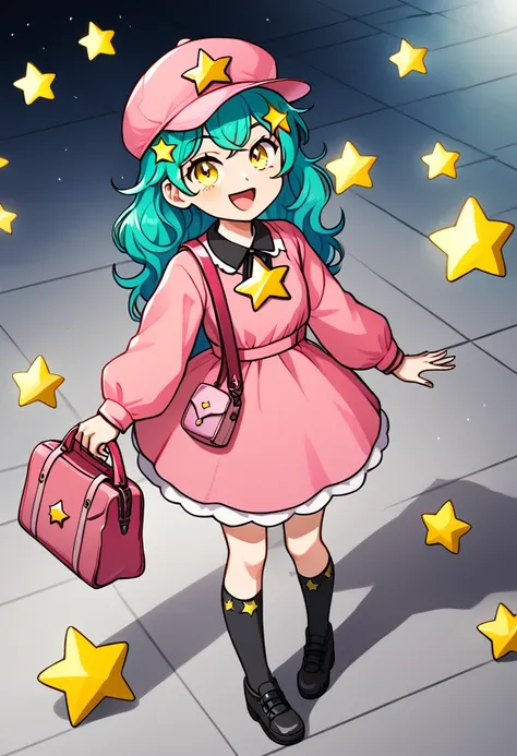 Girl with long dark turquoise hair, yellow eyes, yellow star pin in her head, dark pink dress, long pink and black socks, pink hat, black and pink bag