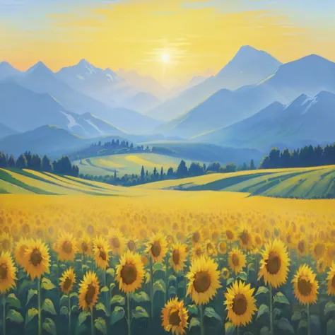 a painting of a sunflower field with mountains in the background, sunflower field, field of sunflowers, scene: sunflower field, scene : sunflower field, sunflowers, laurent durieux, summer landscape with mountain, colors: yellow sunflowers, colors : yellow...