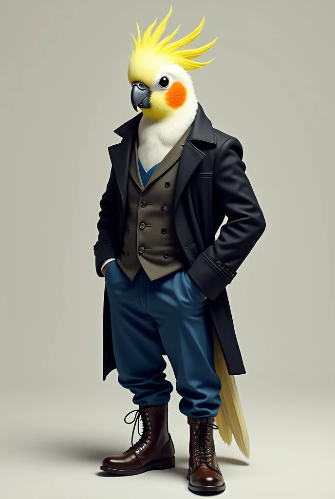 a beautiful cockatiel wearing a black jacket, blue pants and boots, seen from the front. looking at the camera. full body