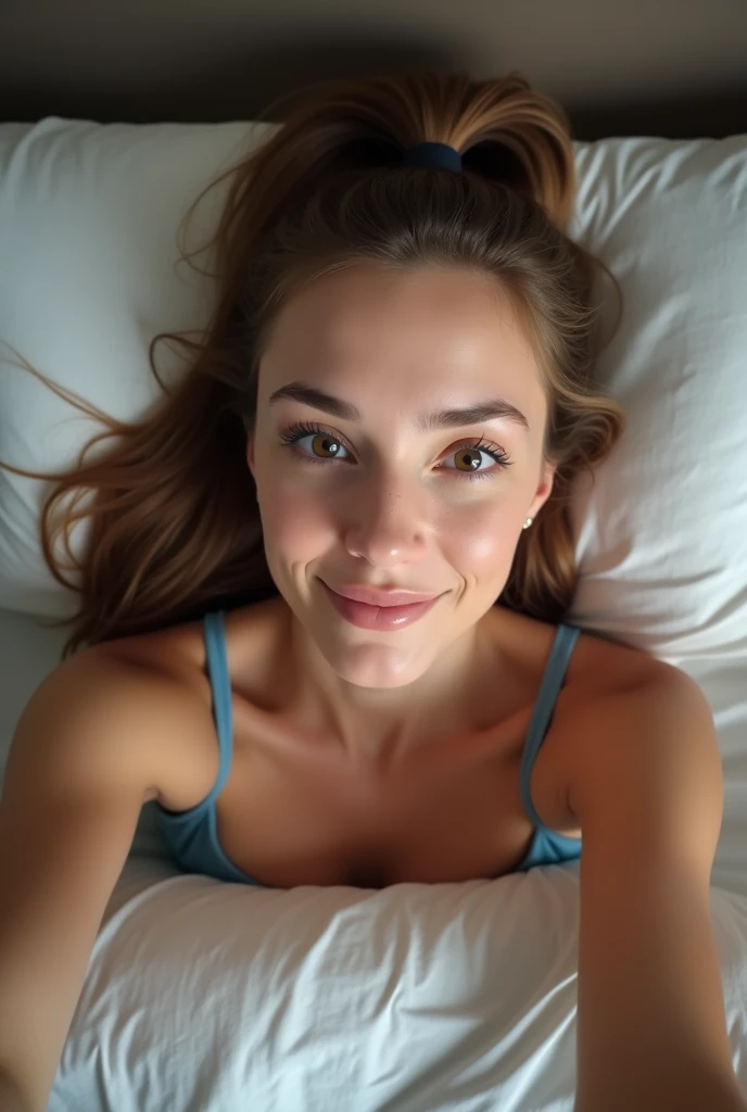 Generate full face selfie of a 36 year lady with a pony tail brown hair, laying down on her bed wearing a blue singlet 