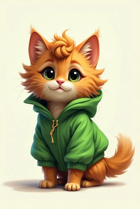 A curly-haired cat wearing a green jacket that looks like a digital drawing but not as detailed, just as a sketch