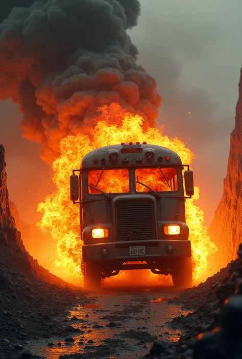 Bus on fire speeding out of hell