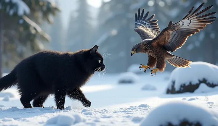 On the left in the frame is a black northern fluffy cat, moves in hunting mode to the right of a flying hawk with prey in its beak, winter, snow, the forest, pine trees, rocks, sunny day, cold lighting, множественные детали the forestа, no blur, there are ...