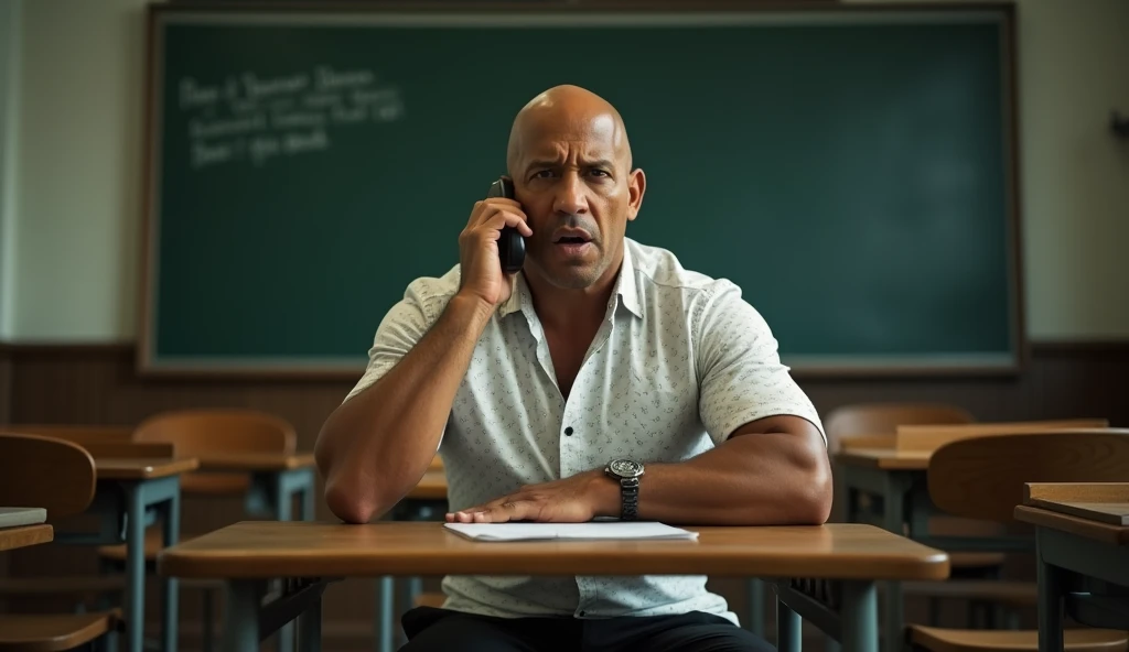 "A close-up of Vin Diesel sitting in a classroom at an old wooden desk with a tilted, treacherous seat. Hes holding a cellphone to his ear, mid-conversation, with an aggressive expression on his face. He is staring directly into the camera, as if caught in...