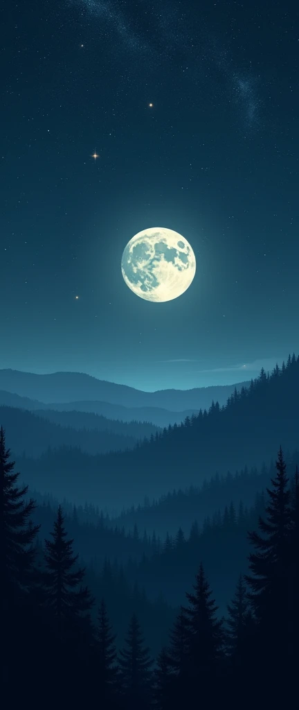 Full Moon in the starry night with the hills and trees in the background.