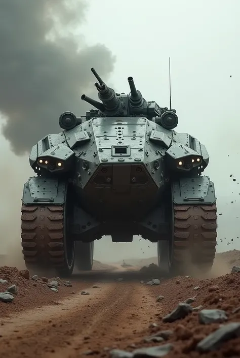 Design a futuristic armored vehicle that combines the imposing presence of a rhinoceros with the functionality of a tank. The vehicle should have the thick, rugged, and horned armor of a rhinoceros, with the powerful treads and turret of a tank. The design...