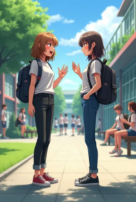 an 1 girl with wavy hair, Talking to her friend excitedly in the school yard, They are real people 