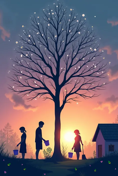 "four silhouetted figures in a serene, colorful outdoor scene at sunset or dawn. On the left, two figure is watering small plants beneath a tall, leafless tree with white circular blossoms. On the right, another figure is sweeping near a house, with a thre...