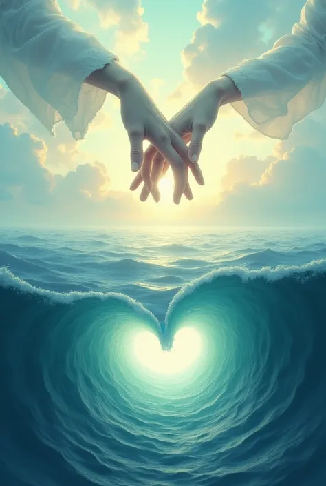 the womans hand came above the sky and the mans hand came underneath the ocean. Just like two hands meeting at the horizon. Make it more romantic and make them hold each other hand in opposite directions  one from above and other from below. Make the sea w...