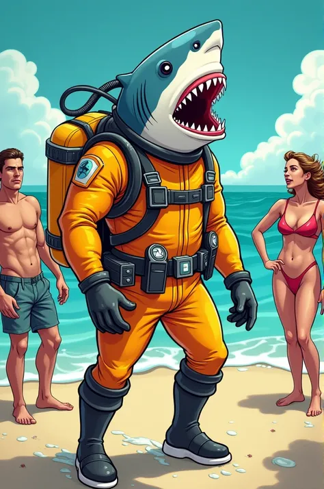 A comic man in a submarine wetsuit with a shark head scaring people thinking its a real shark 