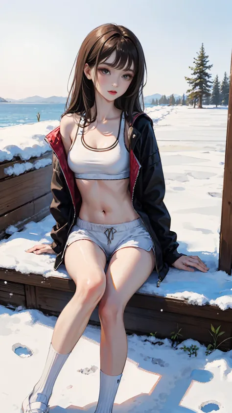 a girl,fourteen years old ,brown long hair,white skin,sports bra,wearing a jacket,white mini short pants,sport white socks,very thin legs,slim,skinny,sitting in the snow