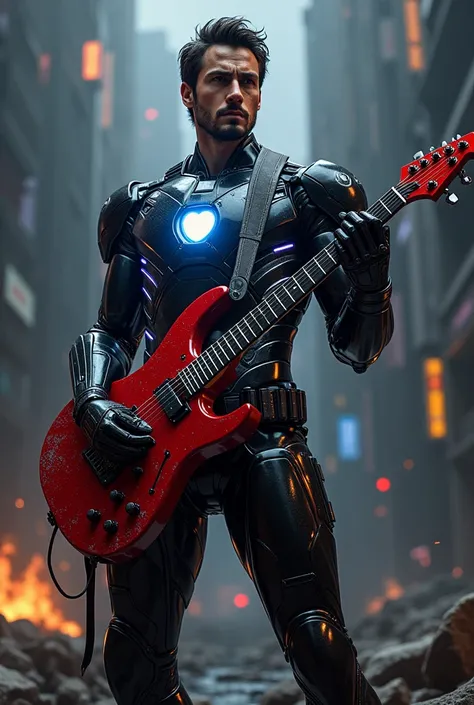 ironman black suit with red electric guitar