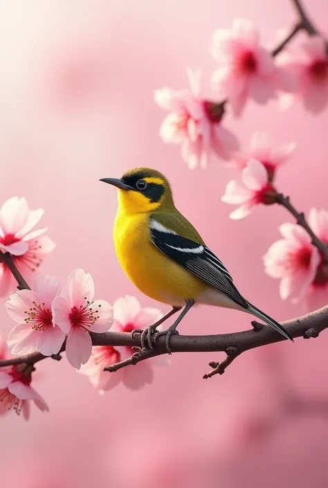 vibrant yellow-rumped warbler perched delicately on the branch of a blossoming cherry tree. The bird, with its distinctive patch of yellow on the rump, stands out against the soft pink backdrop of the blooming flowers. Its olive-green back and wings are sp...