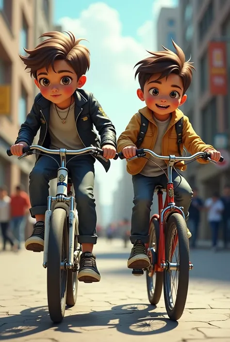 one boy on an expensive bike is showing off, and next to him is a boy on an old broken bike