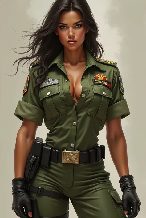 a beautiful, muscular, macho and dominant female military soldier dressed in a Brazilian army military uniform