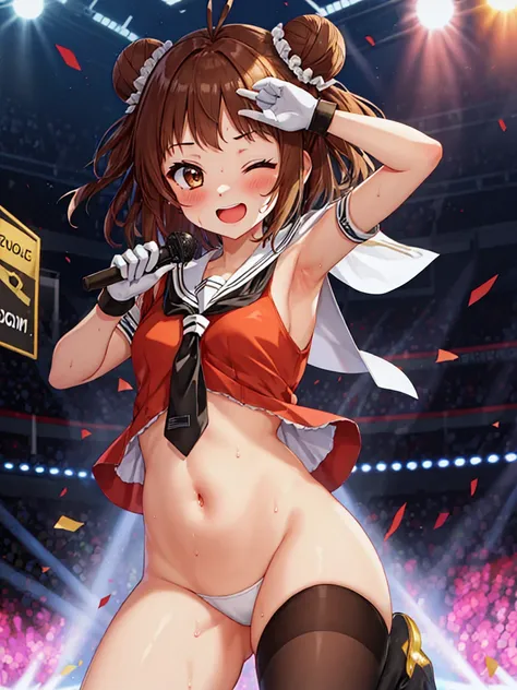 Portrait, official art, best masterpiece, best quality, best resolution, 8K, best detailed, perfect anatomy
BREAK
front view, cowboy shot, looking at view, spread both arms
BREAK
1girl, solo, (naka_kantaicollection:1.15), double bun, hair bun, brown hair, ...