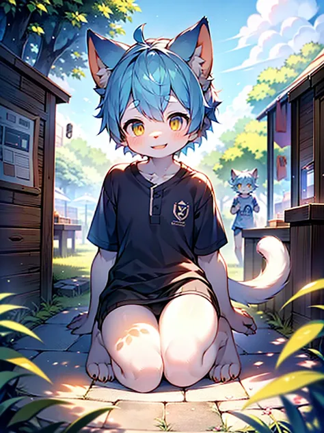 outdoor，Open background，kitten，Cat ear，Cat Orc，boy，Minors，Young age，Theropods，individual，no other people。Kneeling，big eyes，Look at the screen，barefoot，Exposing the whole body，furry，Sunlight，Blue Hair，White skin，Slender figure，Sportswear，Grin，Golden Eyes，Br...