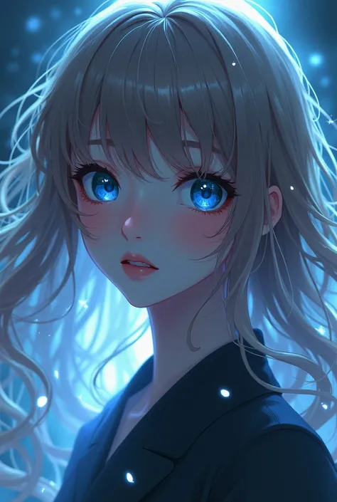 Anime Girl with blue eyes glowing Light brown hair with a scary aura emanating 