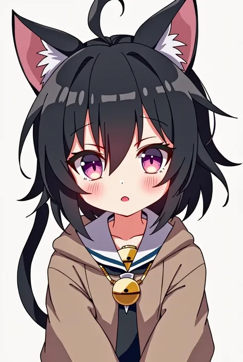 Solo, chest, black hair, animal ears, cat ears, stick out your tongue, pink eyes, bell, 