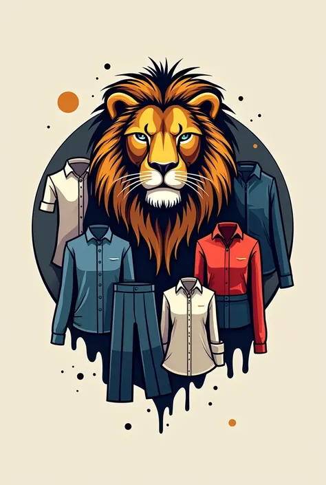 logo for a clothing store called “RK MODAS” with some designs of fitted clothes at the back and a lion for emphasis 