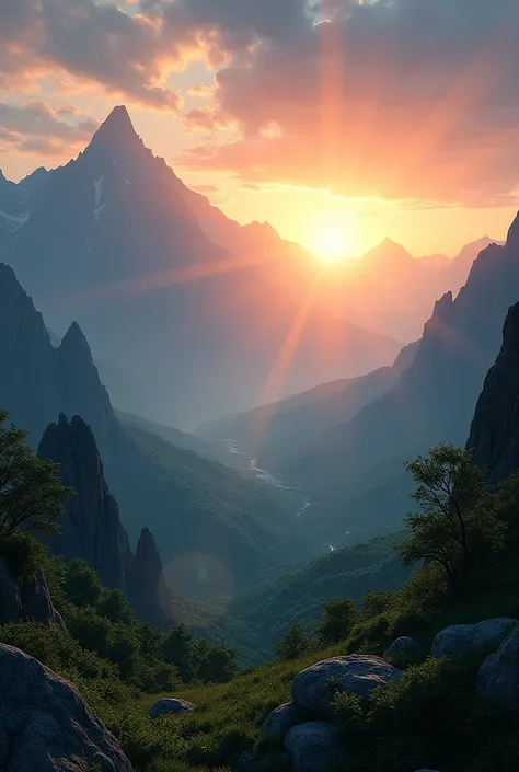 (photorealism:1.2), sun rises behind from mountain 