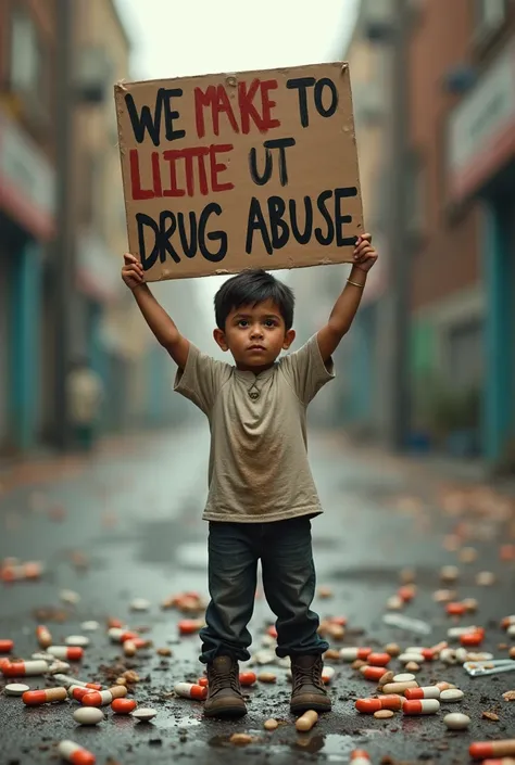 A boy holds a sign saying stop drugs and below him are pills and needles
