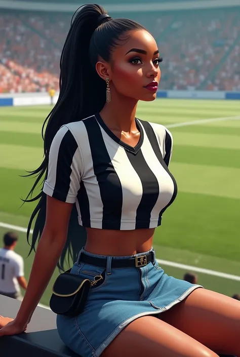 A curvaceous Black woman in a fitted, striped soccer jersey crop top in black and white, paired with mini denim skirt and white sneakers and a belt bag. Her hair is styled in a long ponytail. Shes sitting, enjoying a match by the pitch
