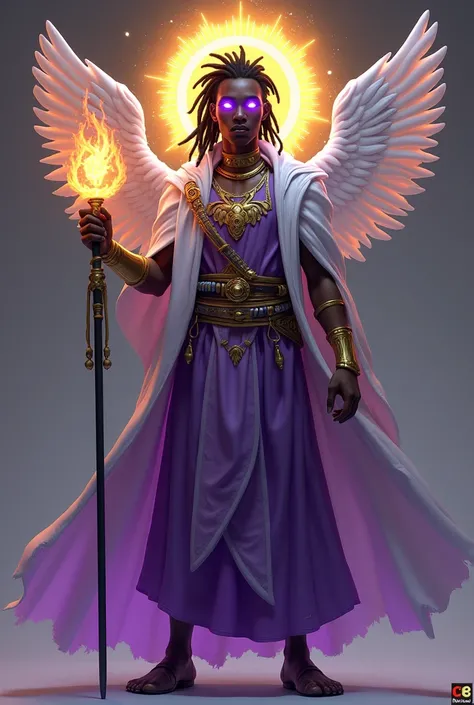 Young Rasta man with purple glowing eyes,wearing purple thobe,wearing a white   turtlenecked design cloak,wearing short golden bracers,having a yellow sun shaped halo,having white wings,holding a black staff,holding a fireball in other hand. 