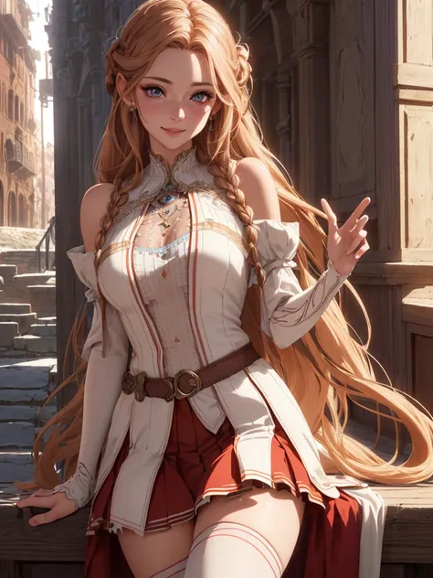 Detailed, high-quality Stable Diffusion prompt:

A beautiful woman with long brown braided hair, exposed shoulders, wearing a fantasy armor top with a white detachable sleeve, a pleated red skirt, and white knee-high socks, smiling and waving her hand in a...