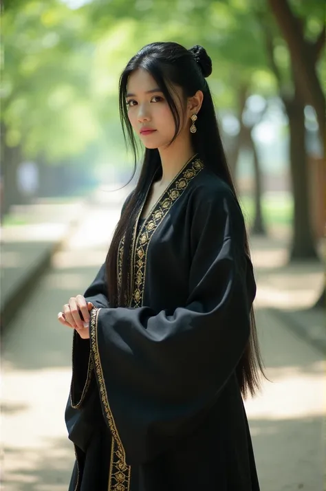 long straight hair, traditional black attire with gold embroidery, standing pose, relaxed arms, light outdoor background with trees and open space, soft natural lighting, casual and comfortable atmosphere, mid-angle shot with a balanced exposure.