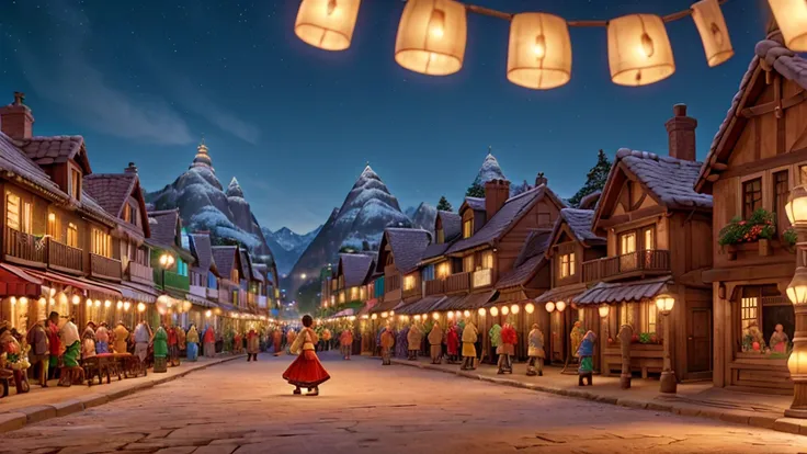 streets of a traditional village full of lights, music, and dances, and everyone enjoyed an unforgettable day. . (Best Quality,4k,8k,High resolution,masterpiece:1.2),ultra detailed,HdR,HD,studio lighting. sharp focus, disney style 