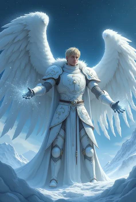 A Knight wearing white medieval-futuristic armor with imposing swan-like wings on his back. On his armor a swan carved on his chest, and a small shield on his arm. your hair is blond, average size. One of his eyes on his face is bandaged with cloths. Its o...