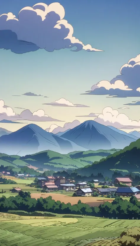 landscape, anime style, rural area, With mountains and clouds as background.  