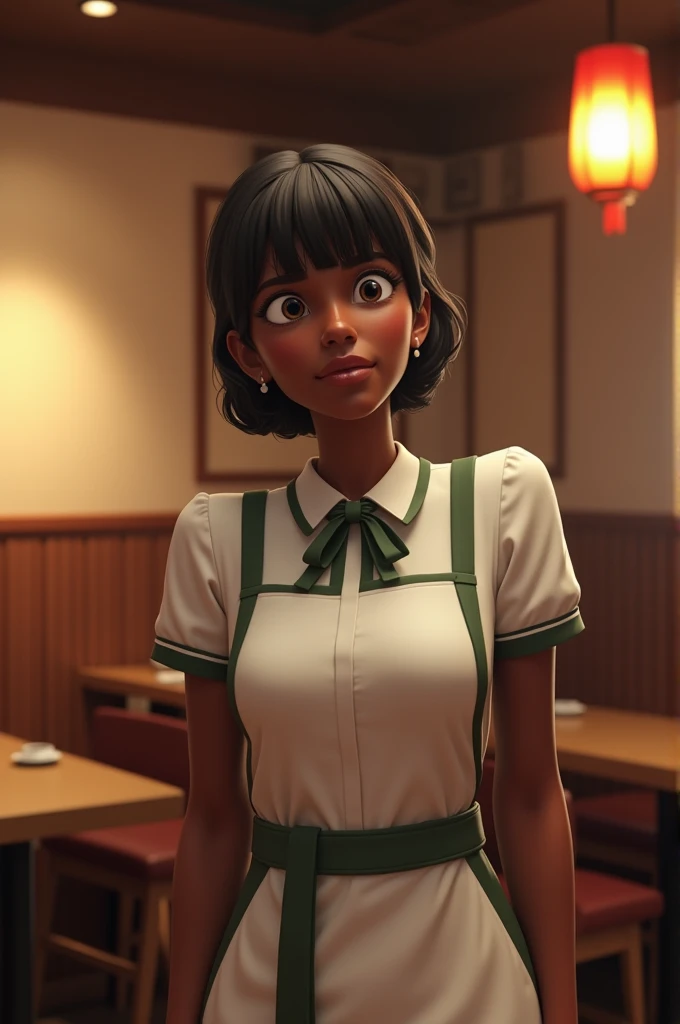 Create a 3D image of a dark-skinned woman wearing a restaurant uniform in a Japanese restaurant setting. She should have an expression of stress and discomfort while being subjected to disrespectful treatment by her colleagues, highlighting the challenging...