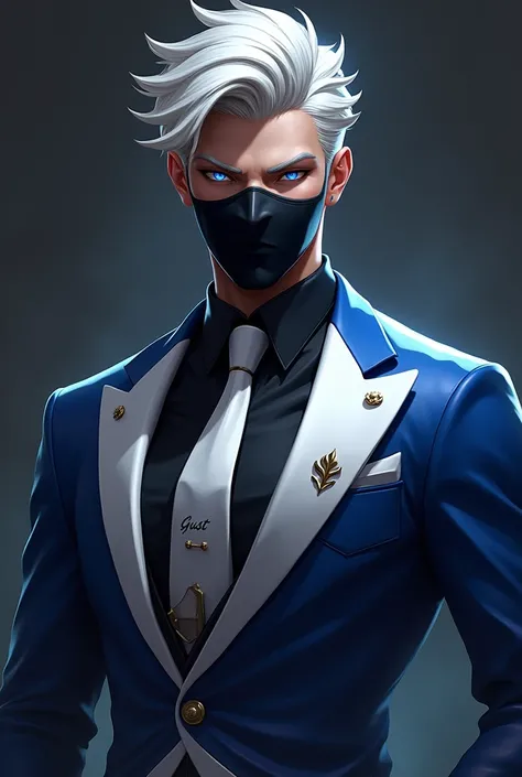 A free fire character with white hair and a black mask and a fancy blue and white suit with the words GUST written on it.10 male character with blue eyes