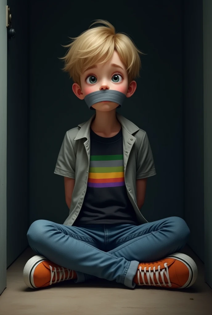 Make a picture of a  boy with short blonde hair, youthful-looking. He wears a black t-shirt with colored stripes (green, yellow, PURPLE AND GRAY), and over it a light-colored short-sleeved jacket, possibly grey. She also wears blue skinny jeans and orange ...