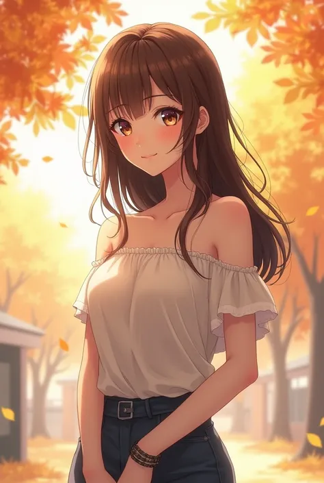 I want an anime girl standing dressed in an off the shoulder top that is made of cotton because it&#39;s fall 