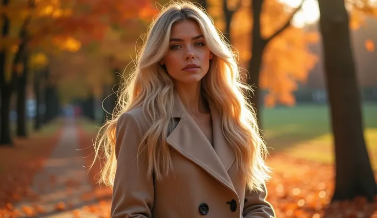 blonde highlighted with long hair in a coat in the left edge of the photo in the autumn park
