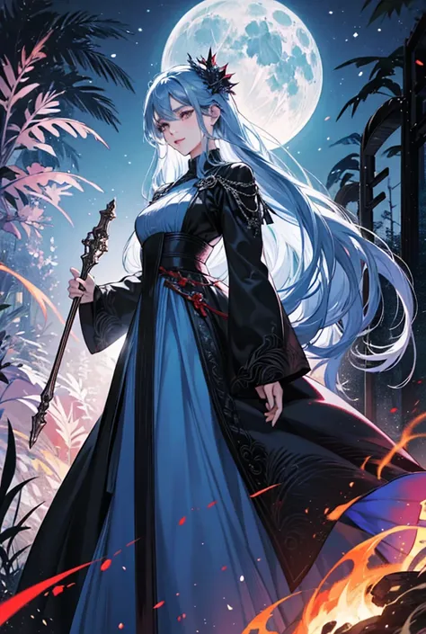 Young woman, blue hair, White eyes and eyelashes, around her are tongues of scarlet flame,black long dress, leans on a silver cane with a ball, full moon, the forest, long hair, a high resolution, 