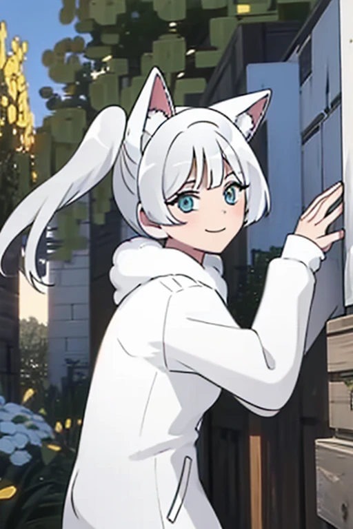 perfect face. perfect hands. a young white haired woman with green eyes with white wolf ears and a white wolf tail and an hourgl...