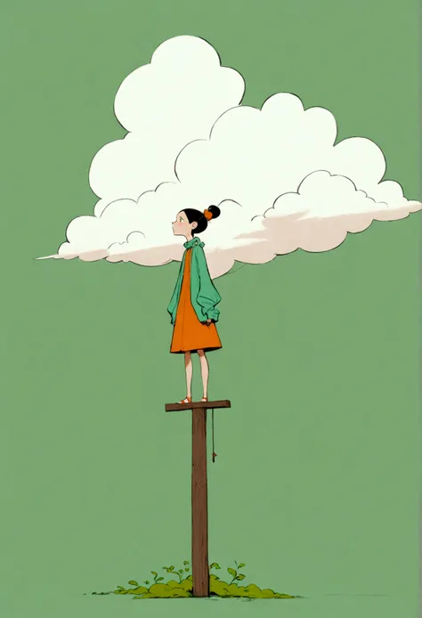 Ewa Poklewska-Koziełło in style of Mike Azevedo，Cartoon graffiti ， standing on a wooden stake looking into the distance，White Cloud，Fear of heights，whole body, Solid color background