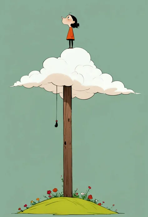 Ewa Poklewska-Koziełło in style of Mike Azevedo，Cartoon graffiti ， standing on a wooden stake looking into the distance，White Cloud，Fear of heights，whole body, Solid color background