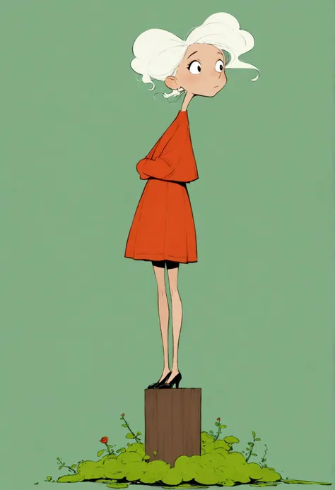 Ewa Poklewska-Koziełło in style of Mike Azevedo，Cartoon graffiti ， standing on a wooden stake looking into the distance，White Cloud，Fear of heights，whole body, Solid color background