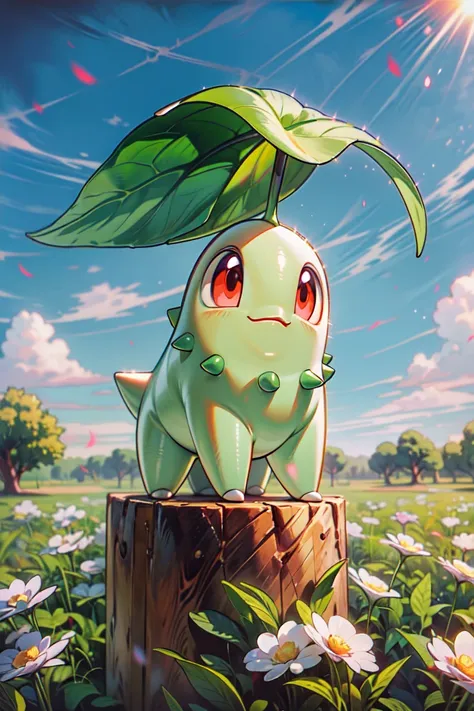 (masterpiece, best quality:1.2), highly detailed, pov, illustration, 1pokemon, chikorita, (chikorita_pokemon), happy, blue sky, ...