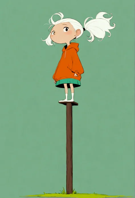 Ewa Poklewska-Koziełło in style of Mike Azevedo，Cartoon graffiti ， standing on a wooden stake looking into the distance，White Cloud，Fear of heights，whole body, Solid color background