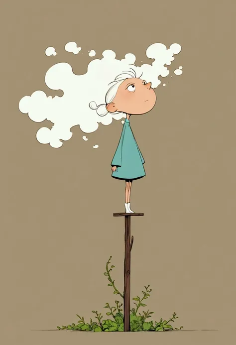 Ewa Poklewska-Koziełło in style of Mike Azevedo，Cartoon graffiti ， standing on a wooden stake looking into the distance，White Cloud，Fear of heights，whole body, Solid color background