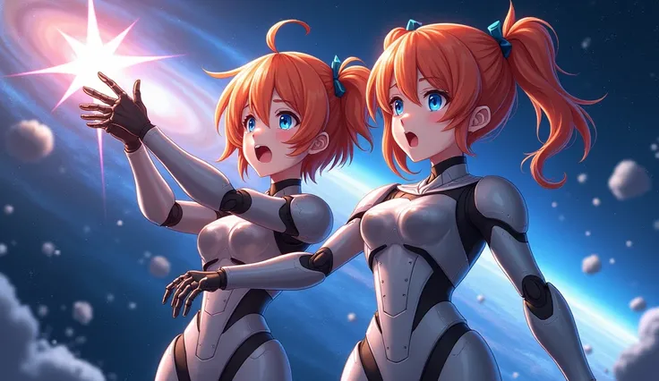 anime illustrations of a 2  twin girl, the girl wearing an robot armor, one short hair, and one twintail short, orange hair color, she has beautiful blue eyes, she is smiling shyly, she in space and galaxy orion with star, bright detailed texture,dynamic p...