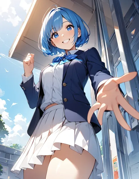 (Top quality illustrations:1.2), (pretty girl:1.1), (1 girl、、Top quality illustrations:1.2), (1 girl、Medium chest、Kind eyes)、Bright blue hair、Short Bob Hair、school uniform,{Dark Blue Blazer、White shirt、Blue Ribbon、White pleated skirt}、smile、from below:0.8,...