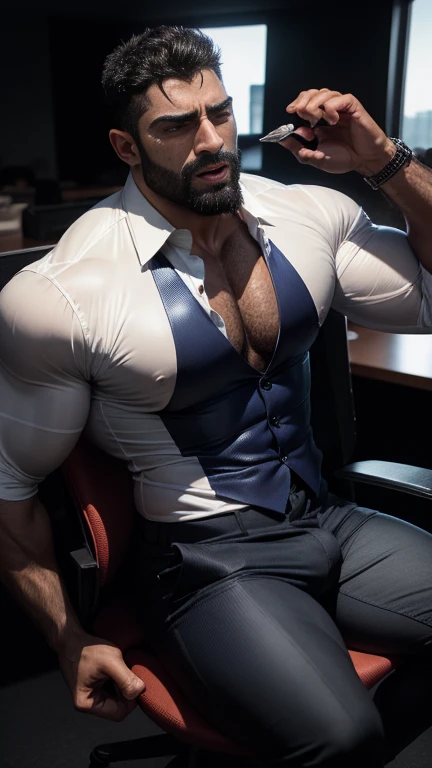 From front view,pain is ragging on face, and little mouth open during moaning and pain, masterpiece, Seductive photograph with hands hold a bulge and forcefully pressed down by hand, a indian latino mascular man in formal shirt and trouser with huge penis,...