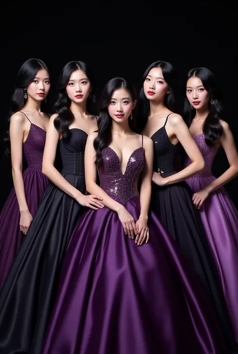 6 beautiful korean girls who are kpop idols , wearing 6 different steller purple and midnight black dress with straight long black hair